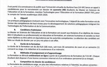 APPEL A CANDIDATURES : Master en Sciences de l’éducation et de la formation, mention Technologies pour l’Éducation et la Formation (MSEF-TEF), Master Fouilles de Données et Intelligence Artificielle (Master FD&IA), Master E-Santé et Télémédecine (Master ESTLM).