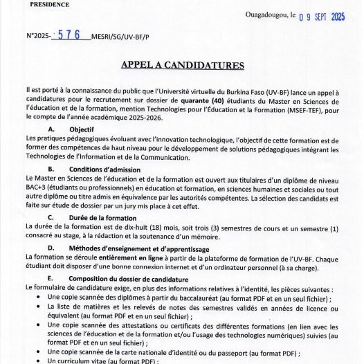APPEL A CANDIDATURES : Master en Sciences de l’éducation et de la formation, mention Technologies pour l’Éducation et la Formation (MSEF-TEF), Master Fouilles de Données et Intelligence Artificielle (Master FD&IA), Master E-Santé et Télémédecine (Master ESTLM).