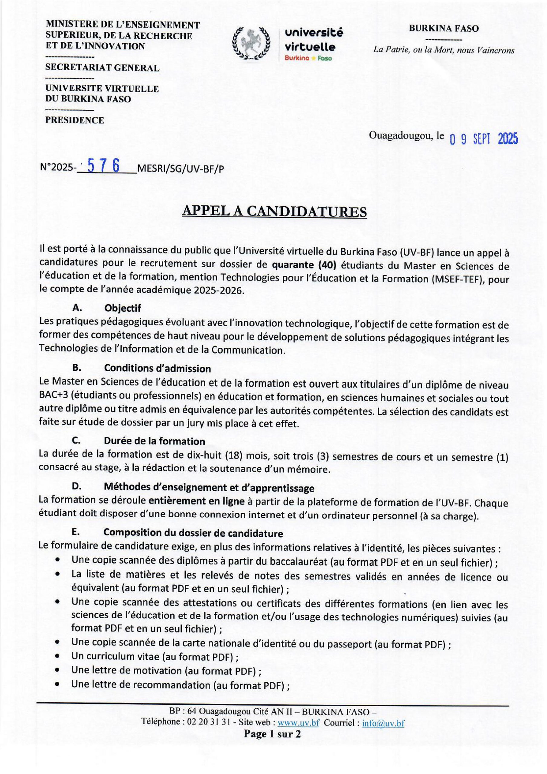 APPEL A CANDIDATURES : Master en Sciences de l’éducation et de la formation, mention Technologies pour l’Éducation et la Formation (MSEF-TEF), Master Fouilles de Données et Intelligence Artificielle (Master FD&IA), Master E-Santé et Télémédecine (Master ESTLM). APPEL A CANDIDATURES : Master en Sciences de l’éducation et de la formation, mention Technologies pour l’Éducation et la Formation (MSEF-TEF), Master Fouilles de Données et Intelligence Artificielle (Master FD&IA), Master E-Santé et Télémédecine (Master ESTLM).