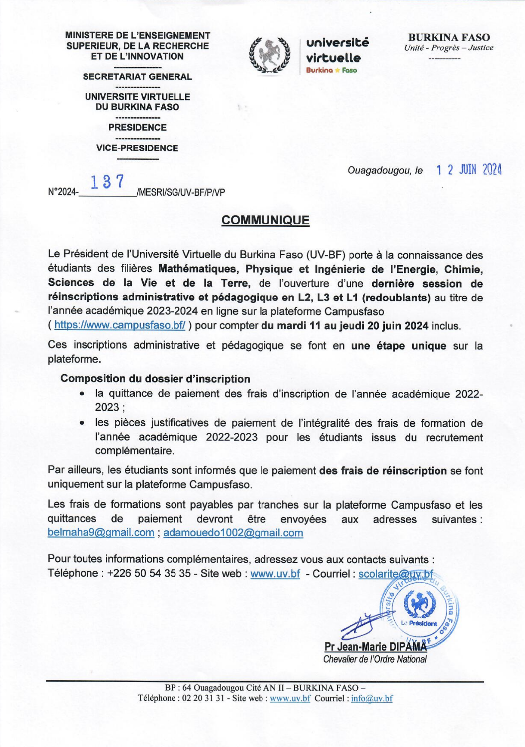 Dernière session de réinscriptions administrative et pédagogique en L2, L3 et L1 (redoublants) au titre de l’année académique 2023-2024