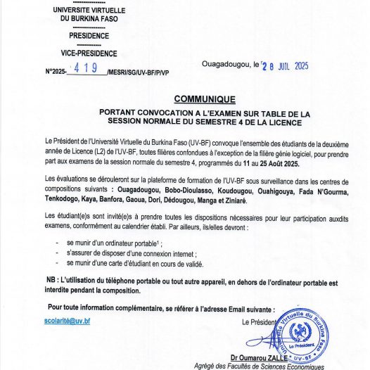 COMMUNIQUÉ PORTANT CONVOCATION A L’EXAMEN SUR TABLE DE LA SESSION NORMALE DU SEMESTRE 4 DE LA LICENCE