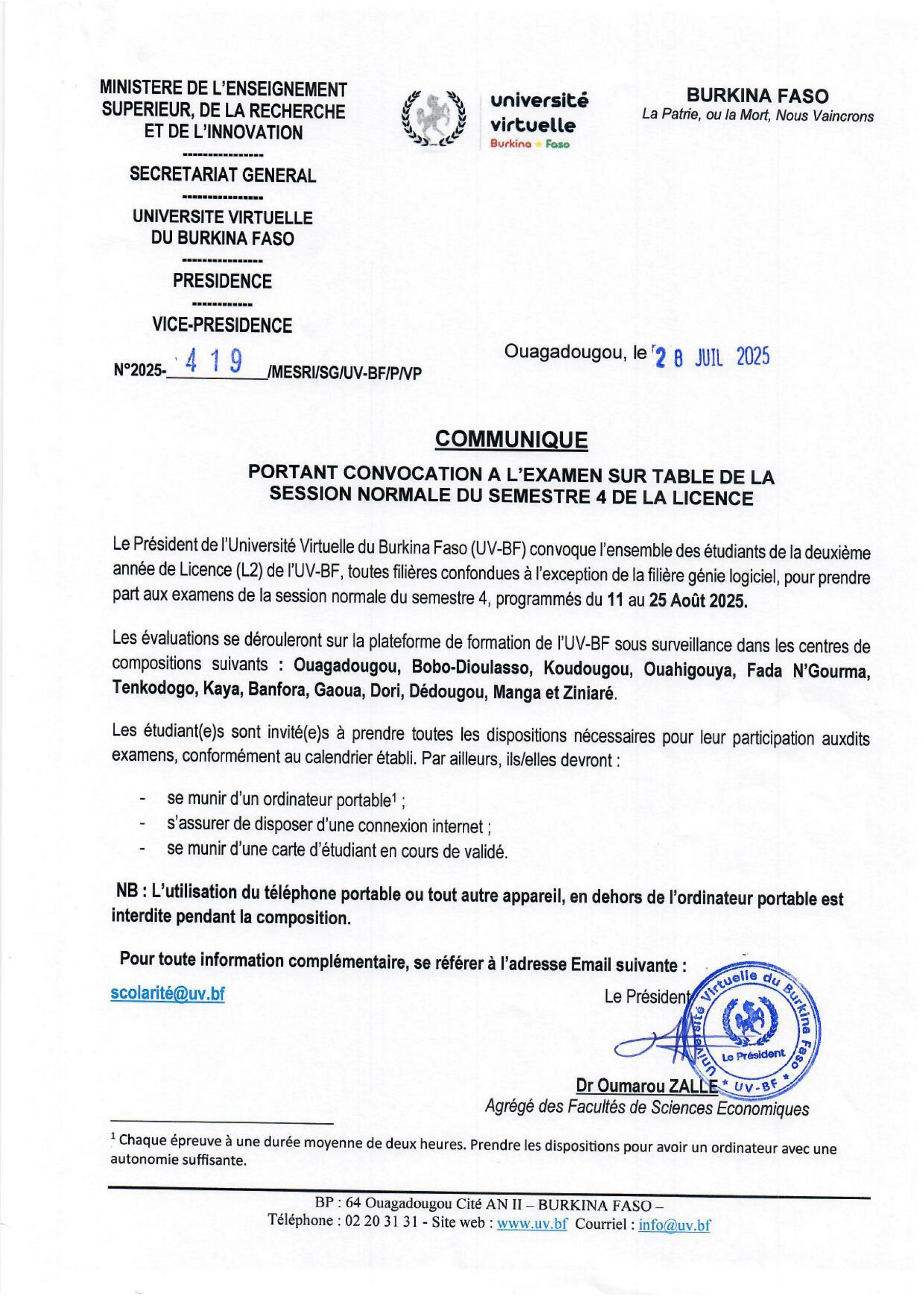 COMMUNIQUÉ PORTANT CONVOCATION A L’EXAMEN SUR TABLE DE LA SESSION NORMALE DU SEMESTRE 4 DE LA LICENCE COMMUNIQUÉ PORTANT CONVOCATION A L’EXAMEN SUR TABLE DE LA SESSION NORMALE DU SEMESTRE 4 DE LA LICENCE