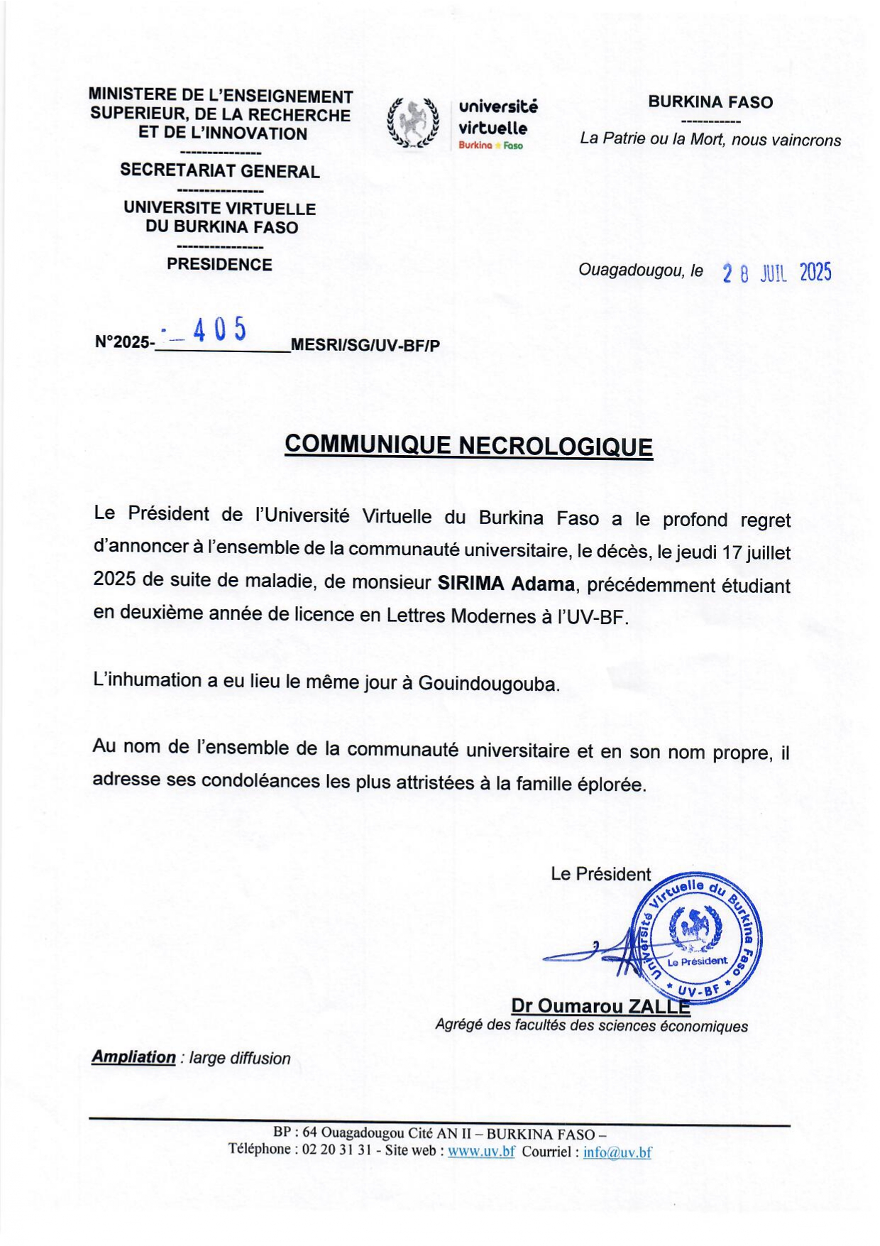 COMMUNIQUE NECROLOGIQUE COMMUNIQUE NECROLOGIQUE