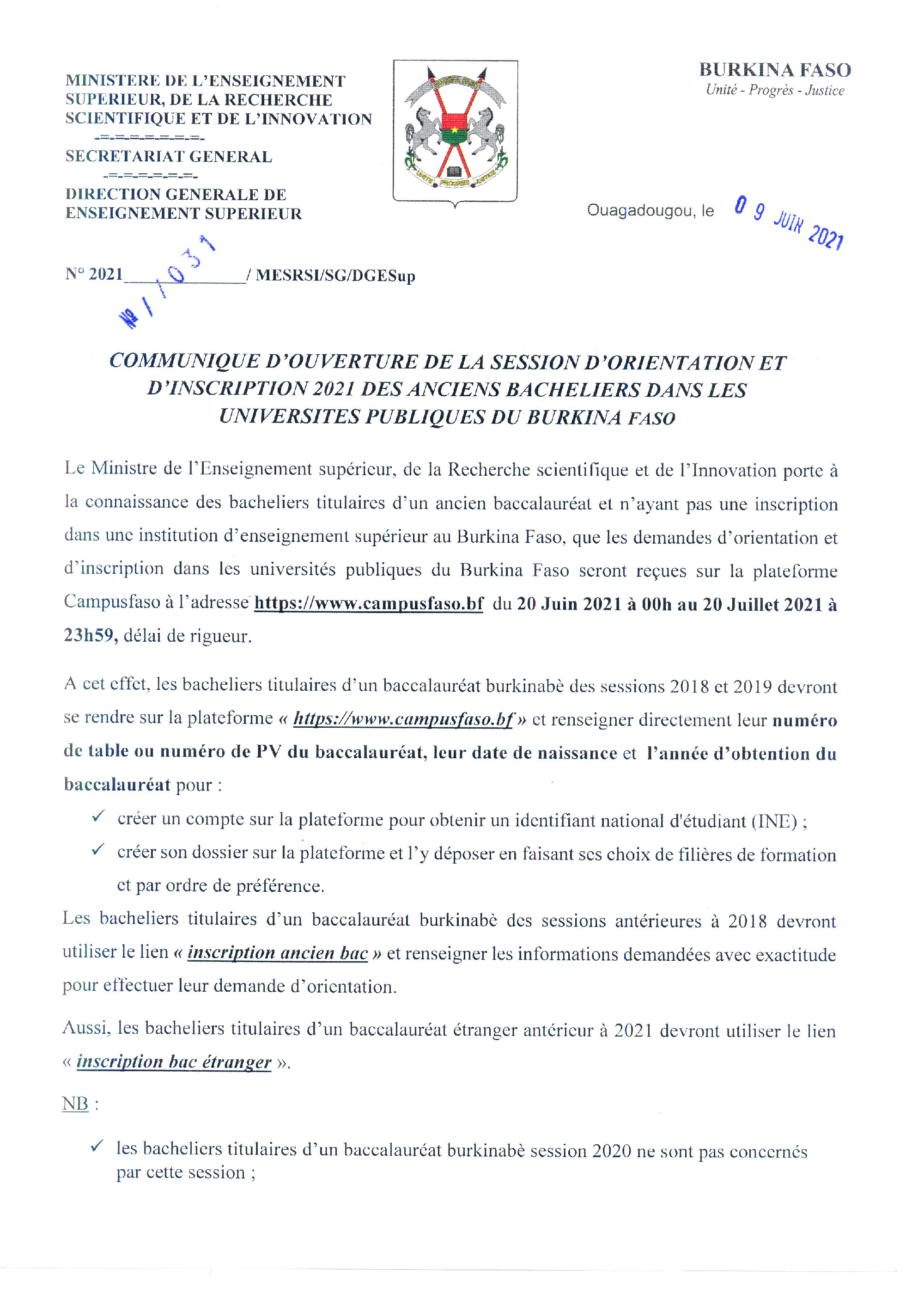 Communiqué relatif à l’ouverture de la session d’orientation et d’inscription 2021 des anciens bacheliers dans les universités publiques du Burkina Faso