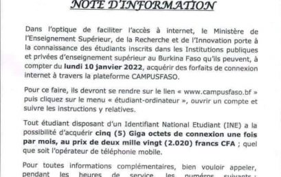 Note d’information à l’attention des étudiants inscrits dans les Institutions Publiques et Privés d’Enseignement Supérieur au Burkina Faso relative à la connexion internet.