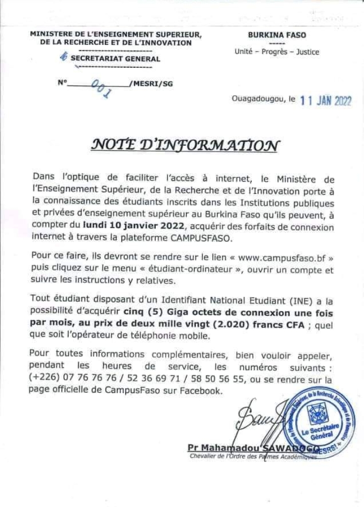 Note d’information à l’attention des étudiants inscrits dans les Institutions Publiques et Privés d’Enseignement Supérieur au Burkina Faso relative à la connexion internet.