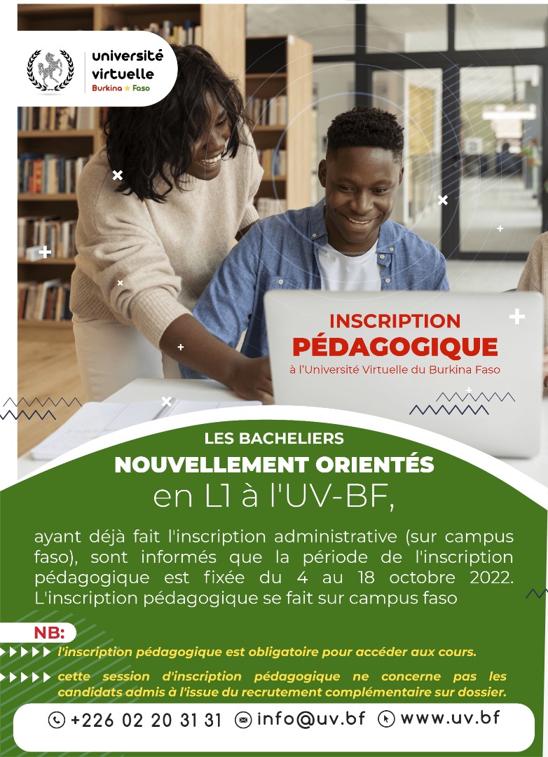 Inscription pédagogique des étudiants en première année de licence (L1) à l’Université Virtuelle du Burkina Faso au titre de l’année académique 2022 – 2023.