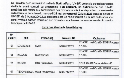 Communiqué relatif à la remise d’ordinateurs portables aux étudiants de l’UV-BF ayant souscris au programme UN ETUDIANT, UN ORDINATEUR.