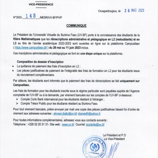 Réinscriptions administrative et pédagogique en L2 et L3 Mathématiques à l’UV-BF pour le compte de l’année académique 2022-2023