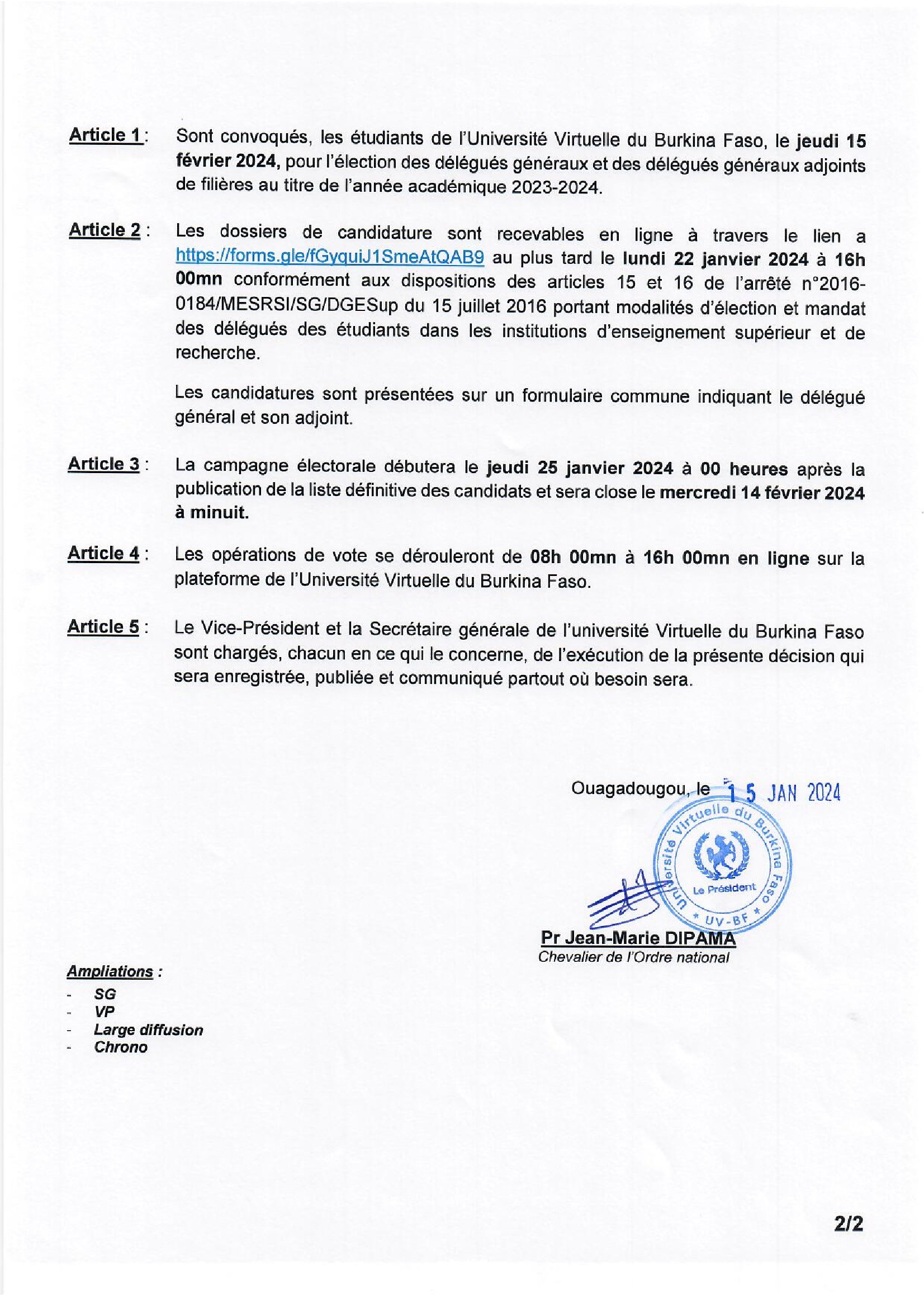 Décision portant convocation du corps électoral pour l’élection des Délégués Généraux et des Délégués Généraux Adjoints des étudiants de l’UV-BF.
