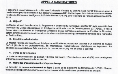 Appel a candidatures pour le recrutement sur dossier de 40 étudiants pour la troisième cohorte du Master Fouille de données et Intelligence Artificielle au titre de l’année académique 2024 – 2025