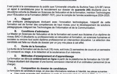 Appel a candidatures pour le recrutement sur dossier de 40 étudiants pour la deuxième cohorte du Master en Sciences de l’Education et de la Formation au titre de l’année académique 2024 – 2025