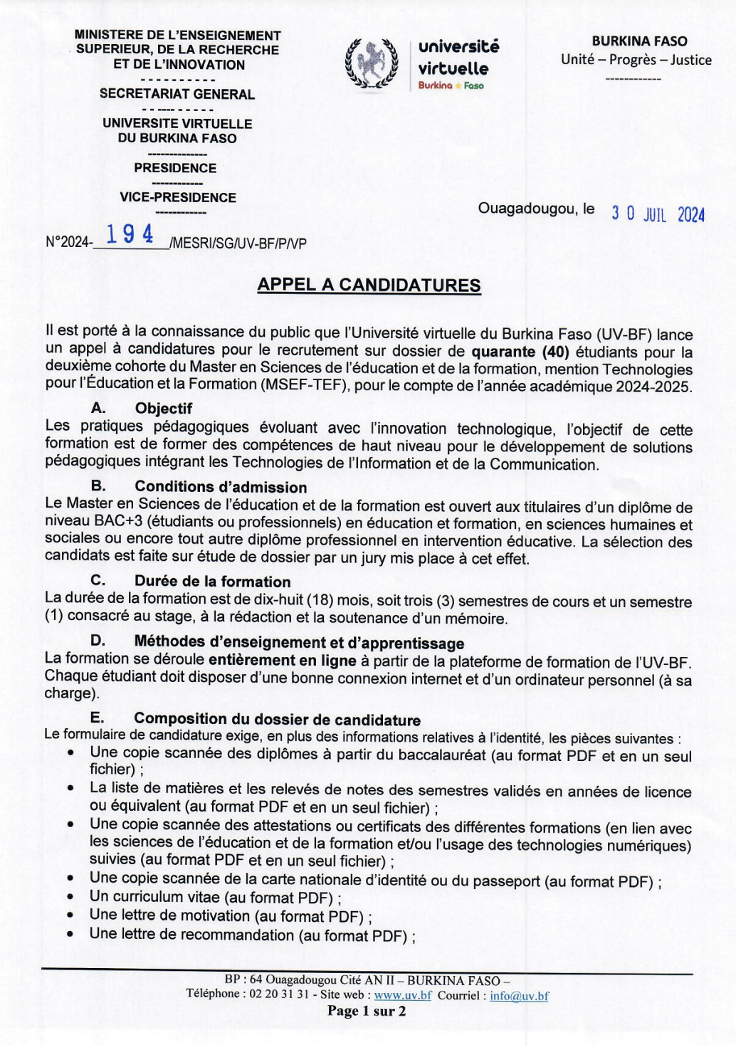 Appel a candidatures pour le recrutement sur dossier de 40 étudiants pour la deuxième cohorte du Master en Sciences de l’Education et de la Formation au titre de l’année académique 2024 – 2025