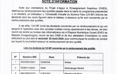 Note d’information pour le remboursement des quotités payées dans le cadre du programme « un étudiant, un ordinateur »