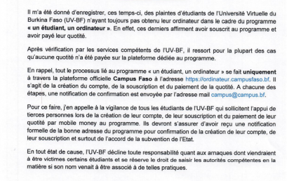 Communiqué relatif aux plaintes d’étudiants de l’Université Virtuelle du Burkina Faso (UV-BF) n’ayant toujours pas obtenu leur ordinateur dans le cadre du programme « un étudiant, un ordinateur ».