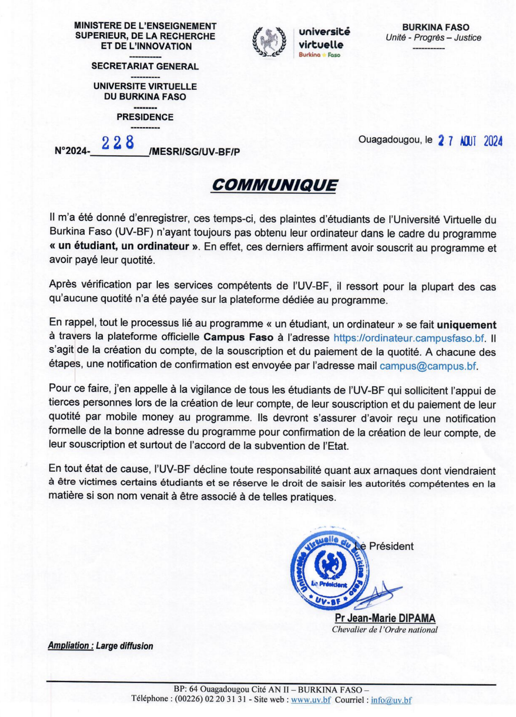 Communiqué relatif aux plaintes d’étudiants de l’Université Virtuelle du Burkina Faso (UV-BF) n’ayant toujours pas obtenu leur ordinateur dans le cadre du programme « un étudiant, un ordinateur ».