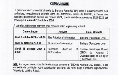 Rentrée académique des bacheliers nouvellement orientés dans les différentes filières de l’UV-BF, à l’issue des sessions d’orientation au titre de l’année académique 2024 – 2025