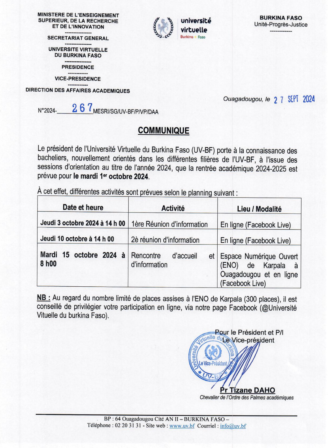 Rentrée académique des bacheliers nouvellement orientés dans les différentes filières de l’UV-BF, à l’issue des sessions d’orientation au titre de l’année académique 2024 – 2025