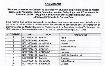 Résultats du test de recrutement d’étudiants en Master Sciences de l’Education et de la Formation (MSEF) pour le compte de l’année académique 2024-2025 a l’Université Virtuelle du Burkina Faso (UV-BF).