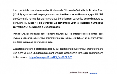 Remise des ordinateurs aux étudiants de l’Université Virtuelle du Burkina Faso (UV-BF) ayant souscrit au programme « un étudiant – un ordinateur »