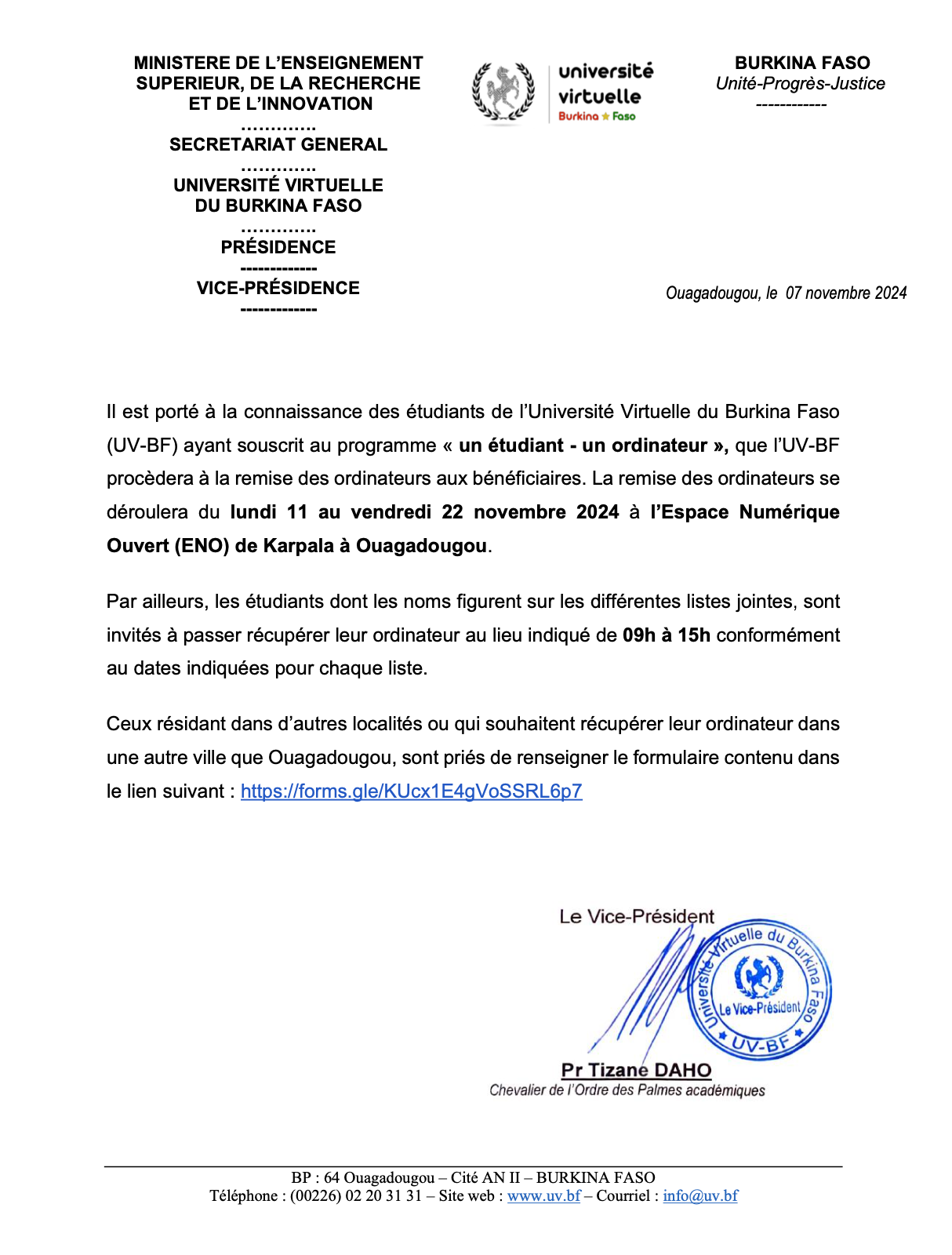 Remise des ordinateurs aux étudiants de l’Université Virtuelle du Burkina Faso (UV-BF) ayant souscrit au programme « un étudiant – un ordinateur »