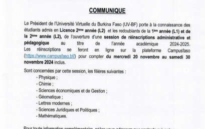 Session de réinscriptions administrative et pédagogique des étudiants admis en Licence 2ème année (L2) et des redoublants de la 1ère année (L1) et de la 2ème année (L2), au titre de l’année académique 2024-2025