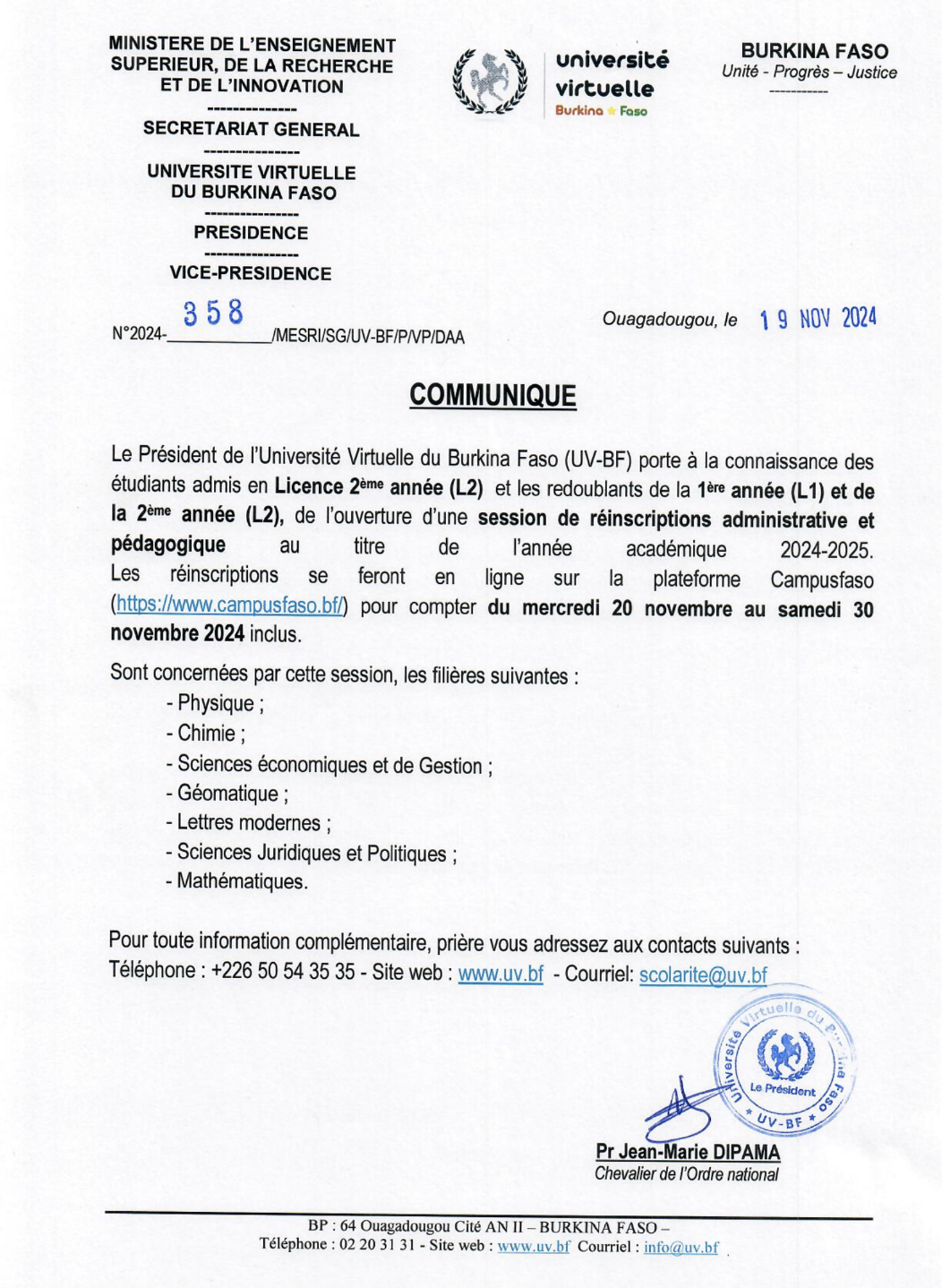 Session de réinscriptions administrative et pédagogique des étudiants admis en Licence 2ème année (L2) et des redoublants de la 1ère année (L1) et de la 2ème année (L2), au titre de l’année académique 2024-2025