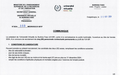 Communiqué portant recrutement de cinq (05) personnels contractuels permanents au profit de l’UV-BF