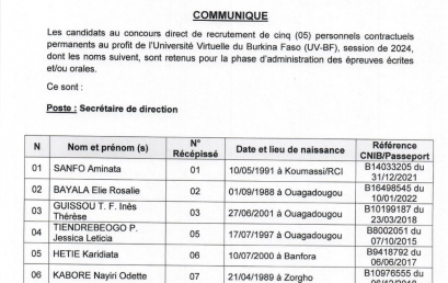 Résultat de la présélection des candidats dans le cadre du recrutement de personnels contractuels permanents au profit de l’UV-BF