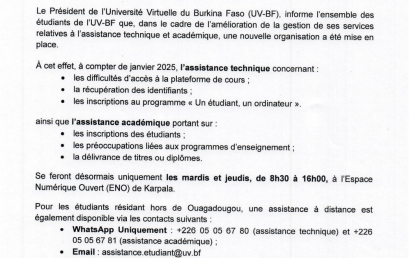 Communiqué portant sur la nouvelle organisation de l’assistance technique et académique des étudiants (sur les points de contact de l’UV-BF)