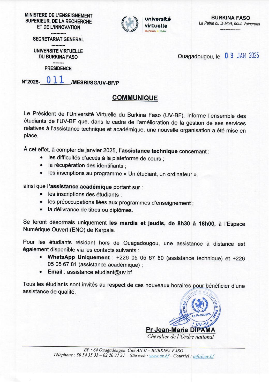 Communiqué portant sur la nouvelle organisation de l’assistance technique et académique des étudiants (sur les points de contact de l’UV-BF)