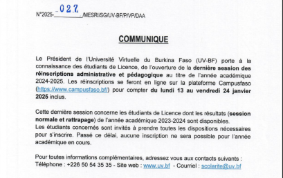 Communiqué d’information portant sur la dernière session de réinscriptions administrative et pédagogique des étudiants de licence au titre de l’année 2024 – 2025