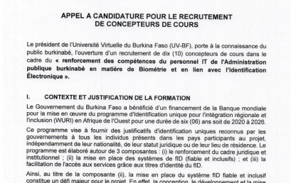 Appel a candidatures pour le recrutement de dix (10) concepteurs de cours dans le cadre du « renforcement des compétences du personnel IT de l’Administration publique burkinabè en matière de Biométrie et en lien avec l’Identification Électronique » – Projet WURI