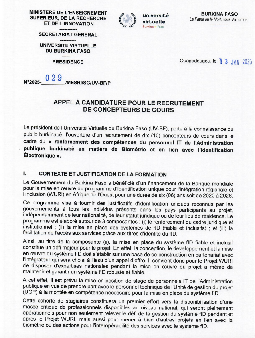 Appel a candidatures pour le recrutement de dix (10) concepteurs de cours dans le cadre du « renforcement des compétences du personnel IT de l’Administration publique burkinabè en matière de Biométrie et en lien avec l’Identification Électronique » – Projet WURI