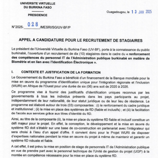 Appel a candidatures pour le recrutement de dix (10)stagiaires dans le cadre du « renforcement des compétences du personnel IT de l’Administration publique burkinabè en matière de Biométrie et en lien avec l’Identification Électronique » – Projet WURI