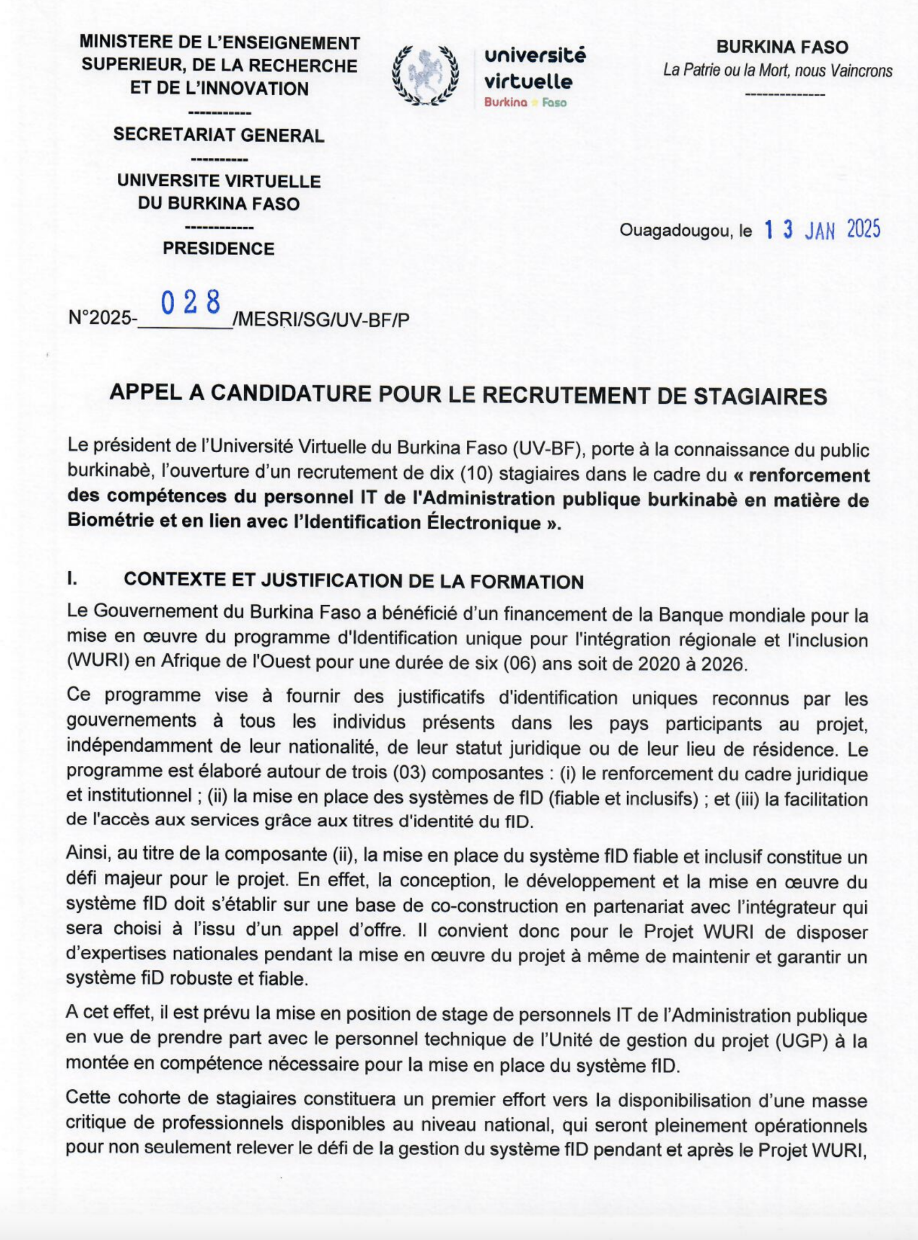 Appel a candidatures pour le recrutement de dix (10)stagiaires dans le cadre du « renforcement des compétences du personnel IT de l’Administration publique burkinabè en matière de Biométrie et en lien avec l’Identification Électronique » – Projet WURI