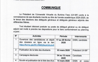 Communiqué  portant organisation des élections des délégués généraux et délégués généraux adjoints des différentes filières N°2025-101/MESRI/SG/UV-BF/P du 14 février 2025