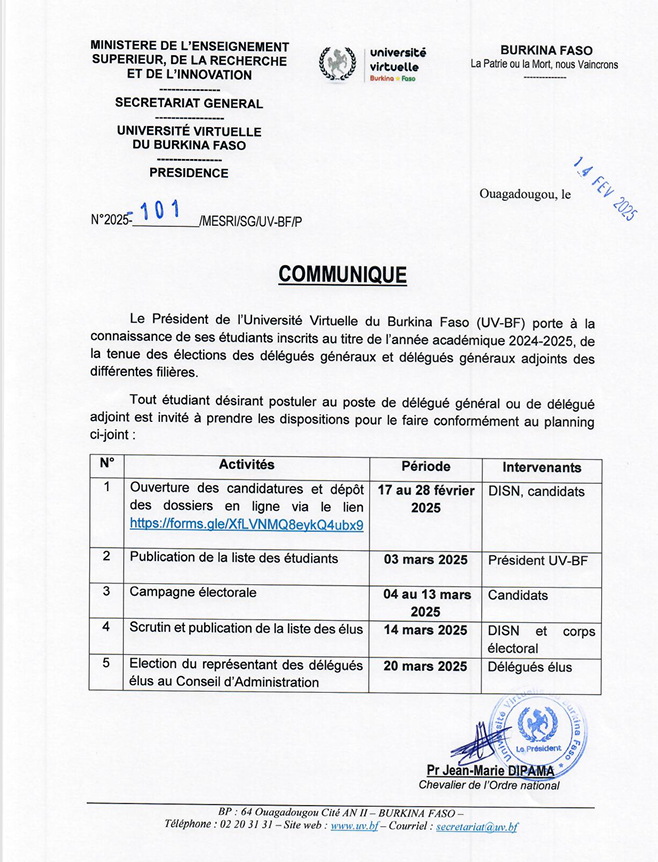 Communiqué  portant organisation des élections des délégués généraux et délégués généraux adjoints des différentes filières N°2025-101/MESRI/SG/UV-BF/P du 14 février 2025