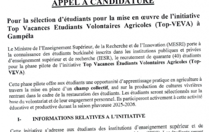 Appel à candidatures pour la sélection d’étudiants dans le cadre de la mise en œuvre de l’initiative « Top Vacances : Étudiants volontaires agricoles à Gampèla »