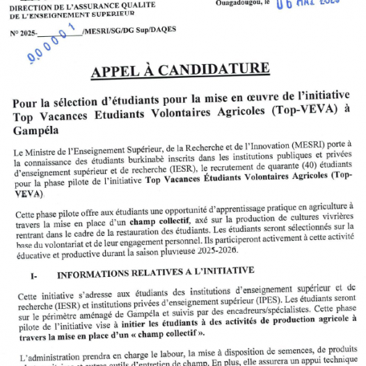 Appel à candidatures pour la sélection d’étudiants dans le cadre de la mise en œuvre de l’initiative « Top Vacances : Étudiants volontaires agricoles à Gampèla »