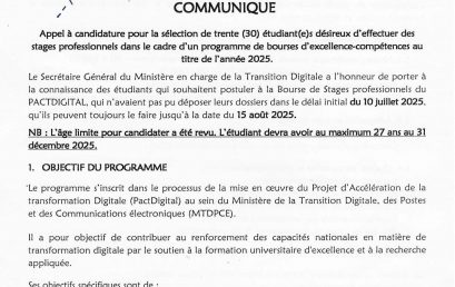 Communiqué: Appel à candidature pour la sélection de trente (30) étudiant(e)s désireux d’effectuer des stages professionnels dans le cadre d’un programme de bourses d’excellence-compétences au titre de l’année 2025.