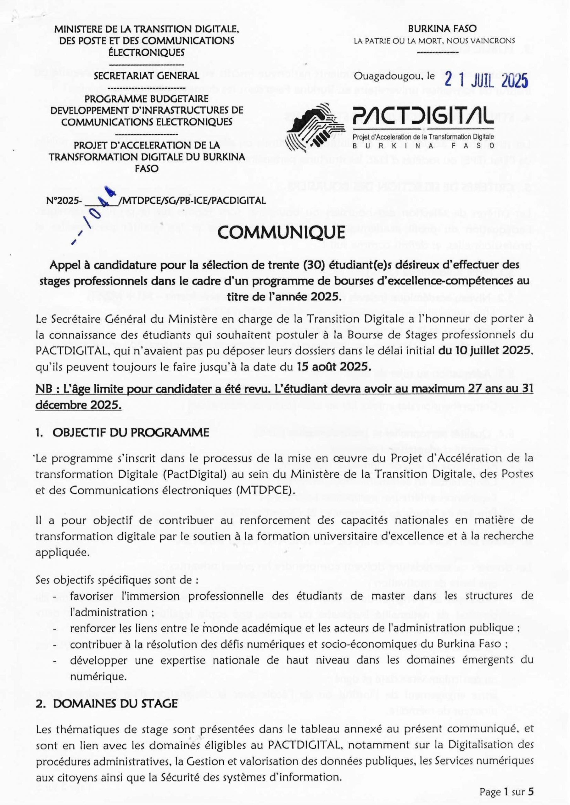 Communiqué: Appel à candidature pour la sélection de trente (30) étudiant(e)s désireux d’effectuer des stages professionnels dans le cadre d’un programme de bourses d’excellence-compétences au titre de l’année 2025. Communiqué: Appel à candidature pour la sélection de trente (30) étudiant(e)s désireux d’effectuer des stages professionnels dans le cadre d’un programme de bourses d’excellence-compétences au titre de l’année 2025.
