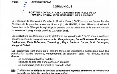 COMMUNIQUE PORTANT CONVOCATION A L’EXAMEN SUR TABLE DE LA SESSION NORMALE DU SEMESTRE 2 DE LA LICENCE