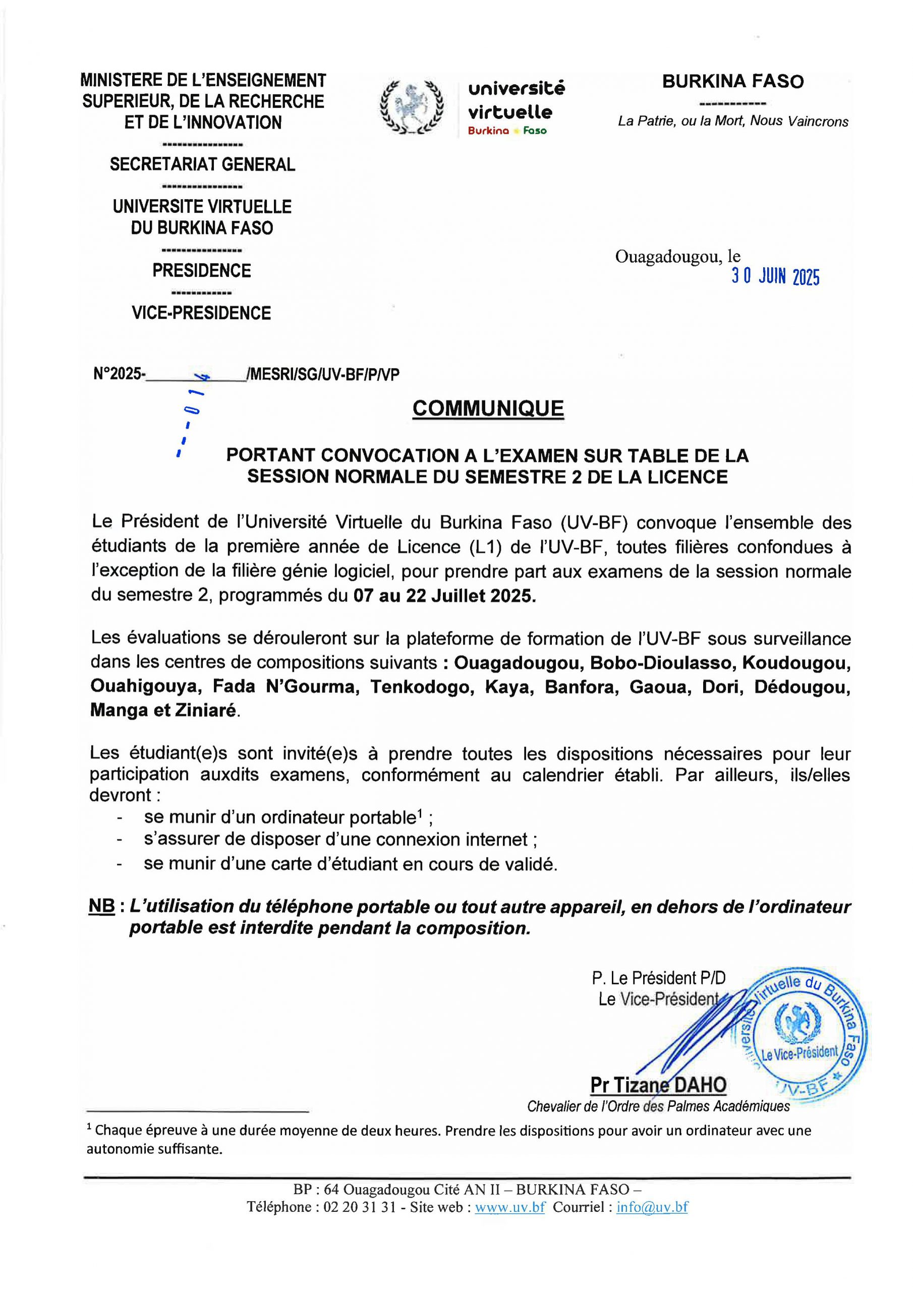 COMMUNIQUE PORTANT CONVOCATION A L’EXAMEN SUR TABLE DE LA SESSION NORMALE DU SEMESTRE 2 DE LA LICENCE