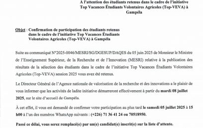 À l’attention des étudiants retenus dans le cadre de l’initiative Top Vacances Étudiants Volontaires Agricoles (Top-VEVA) à Gampéla