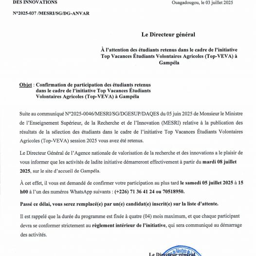 À l’attention des étudiants retenus dans le cadre de l’initiative Top Vacances Étudiants Volontaires Agricoles (Top-VEVA) à Gampéla
