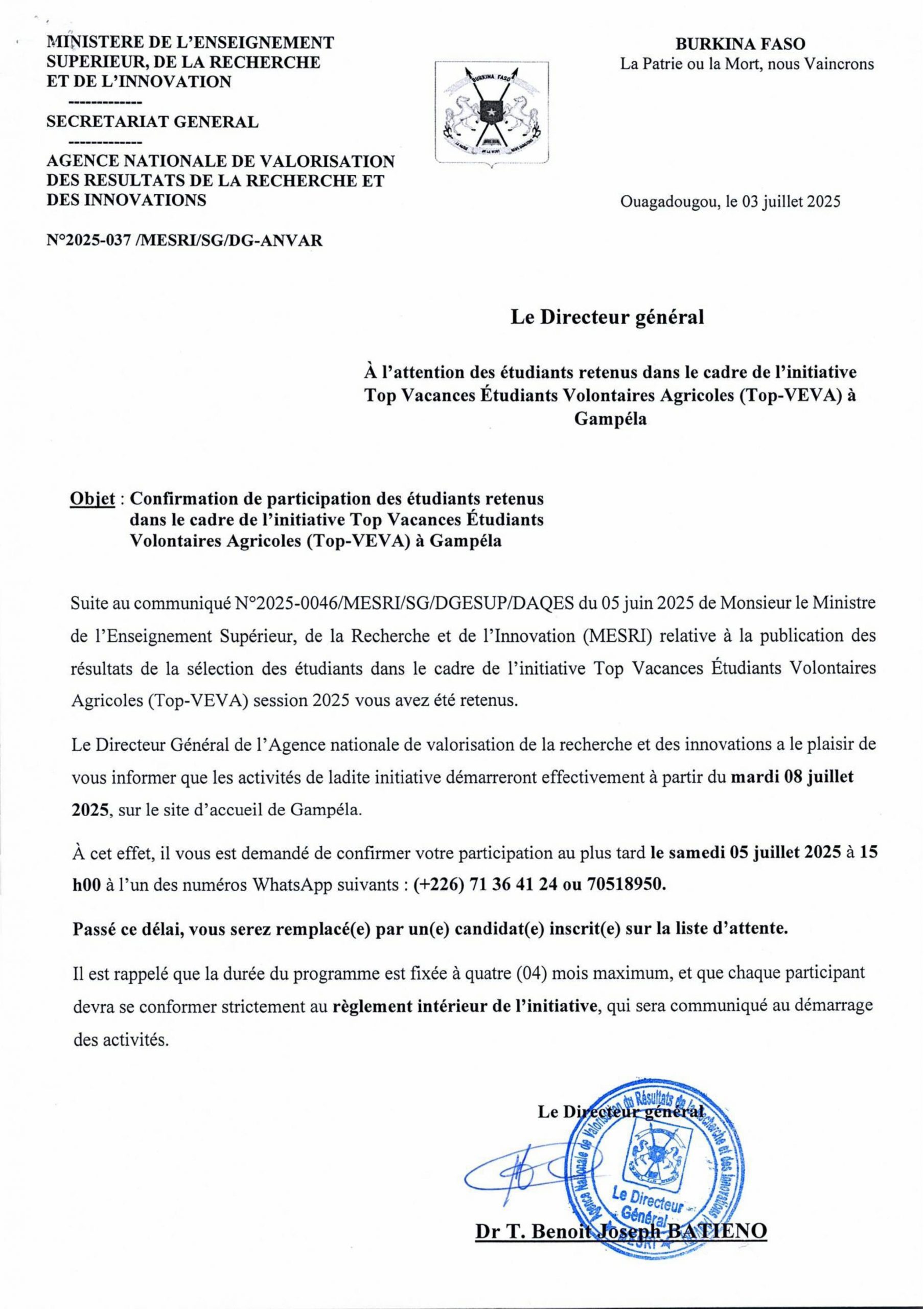 À l’attention des étudiants retenus dans le cadre de l’initiative Top Vacances Étudiants Volontaires Agricoles (Top-VEVA) à Gampéla